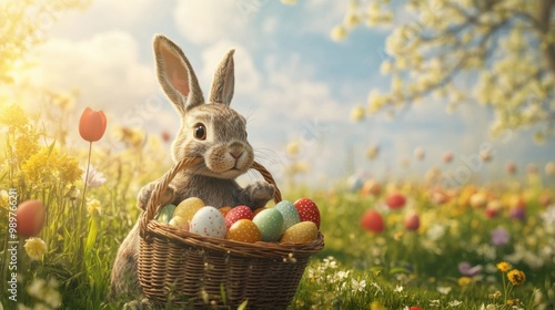 Easter bunny holding a basket filled with eggs, with a vibrant spring meadow in the background.