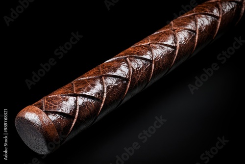 Close-up of a braided leather whip on a dark background