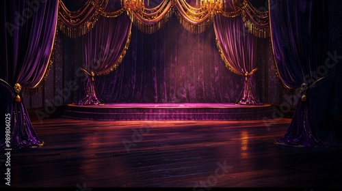 An opulent stage with a velvet-covered platform and muted amber lighting, The curtains are royal purple with golden tassels