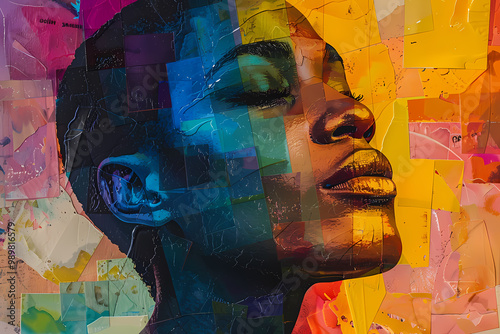 A serene Black woman with closed eyes, surrounded by vibrant, abstract colors. The artwork blends shades, creating a harmonious and uplifting mood.