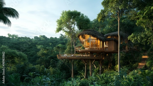 Serene Eco-Friendly Treehouse Resort Nestled in Lush Green Jungle, Embodying Sustainable Travel Concept