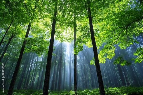 A foggy forest in early morning light, with tall trees disappearing into the mist and sunlight filtering through the branches