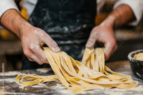 Chef pressing fresh fettuccine dough into thin strips, the delicate texture of the dough visible, artisanal pasta, gourmet cuisine