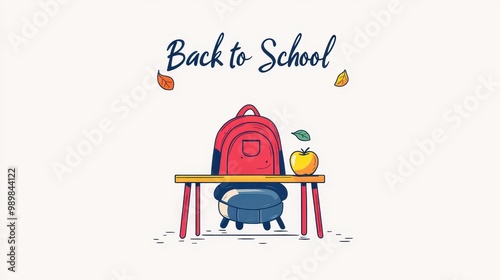 A backpack sits on a desk with an apple, symbolizing the start of the school year