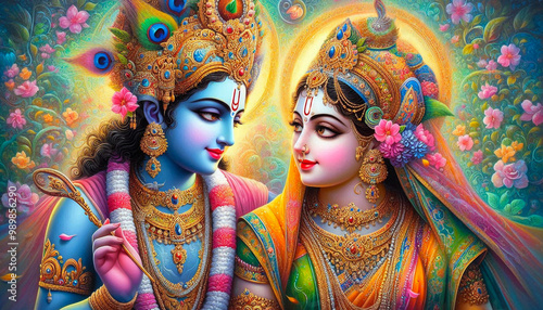 portrait of beautiful colorful god Krishna and Goddess Radha 