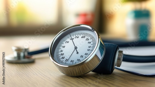 A close-up of a blood pressure gauge on a wooden table, used for medical assessments.