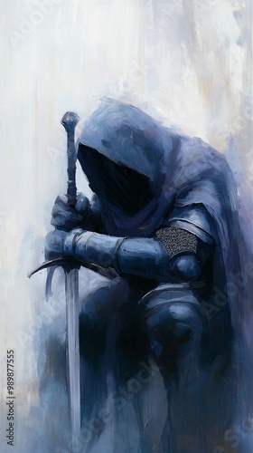 man black robe holding sword inspiring blue colored hooded wraith hood shadows covering face armor crestfallen female grey wall