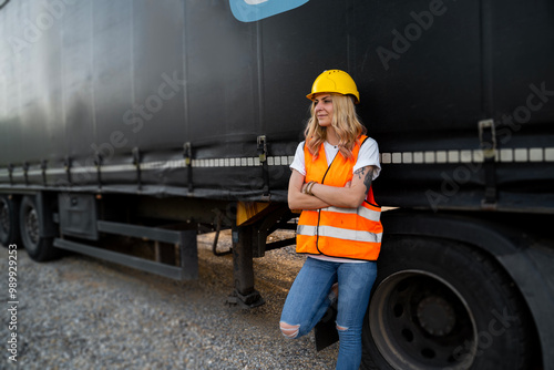 Young tattooed woman truck driver with safety vest and hard hat leaned on the trailer with her arms crossed 