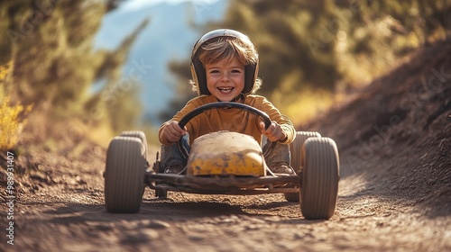 young boy speeding down a steep hill in his homemade racer during a competitive soapbox derby race filled with adrenaline determination and a thrill for speed