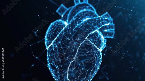 Futuristic Heart Network, an advanced visualization of cardiological structures, showcasing innovative medicine and technology in a low poly wireframe design.