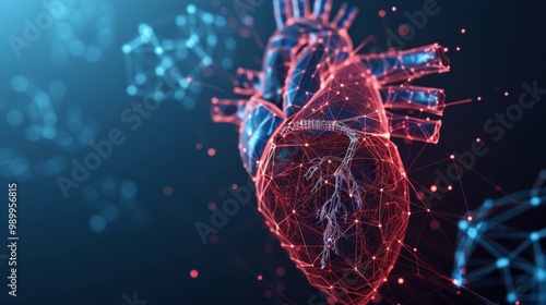 Futuristic Heart Anatomy Network, an innovative depiction of cardiological structures, showcasing a low poly wireframe design that merges advanced medicine with technology.