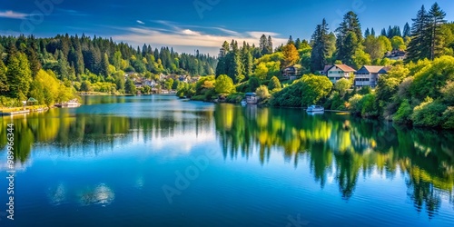 Scenic View of Lake Oswego, Oregon with Lush Greenery and Calm Waters Under a Clear Blue Sky