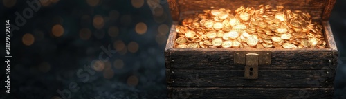 A treasure chest overflowing with shiny coins, representing wealth and adventure in a captivating, mystical atmosphere.