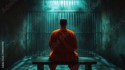 solitary figure of a man in an orange jumpsuit seated on a prison cell bench, back view capturing the essence of confinement, emotional turmoil, and the stark reality of incarceration