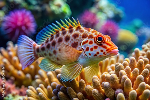 Vibrant Pixy Hawkfish Swimming Among Coral Reefs in Crystal Clear Tropical Waters of the Ocean