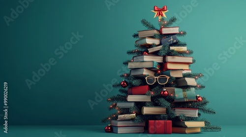 A Christmas tree made entirely of stacked books, decorated with ornaments and a star on top. The tree symbolizes knowledge, imagination, and the joy of reading during the holiday season.