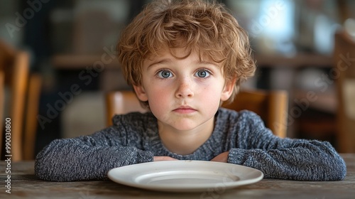 young boy facing an empty plate, symbolic of starvation and undernutrition, bringing attention to child nutritional deficiencies and the global hunger crisis affecting vulnerable children