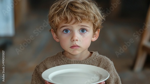 young boy facing an empty plate, symbolic of starvation and undernutrition, bringing attention to child nutritional deficiencies and the global hunger crisis affecting vulnerable children