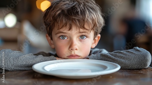 young boy facing an empty plate, symbolic of starvation and undernutrition, bringing attention to child nutritional deficiencies and the global hunger crisis affecting vulnerable children