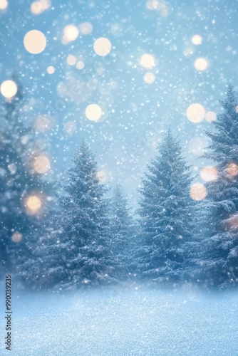 Snow trees with bokeh lighting in winter on a blurred background