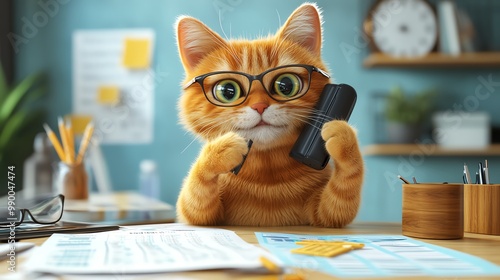 Cat checking financial reports while talking on the phone, multitasking, vibrant and professional, cartoon illustration