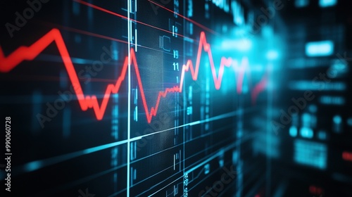 Close-up of digital screen showing financial news ticker with stock market charts. Federal Reserve, interest rate,up, down, interest rate hike,trade war, Market volatility, AI-generated