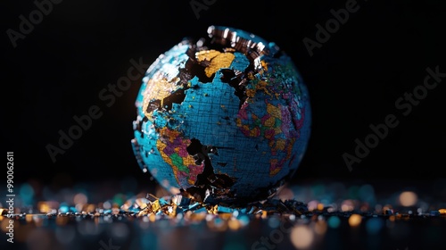 A broken world globe with scattered fragments symbolizes global fragility, representing crises, geopolitical conflicts, and environmental challenges.