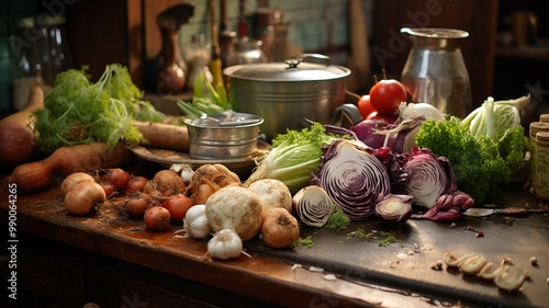 A cluttered kitchen counter with a variety of stale vegetables, including shriveled onions, dry celery, and limp lettuce, displaying signs of age and neglect.