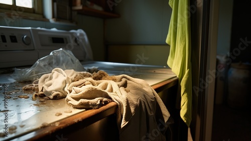 An unappealing pile of wet, musty laundry left in a corner of a laundry room, with visible stains and an unhealthy appearance, indicating bacterial contamination.