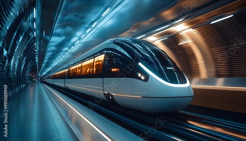 A highspeed magnetic levitation train gliding effortlessly along its track, controlled entirely by AI systems