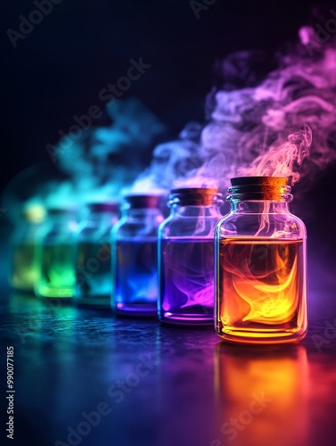 A row of colorful potion bottles with smoke emanating from one, symbolizing magic, alchemy, mystery, experimentation, and wonder.