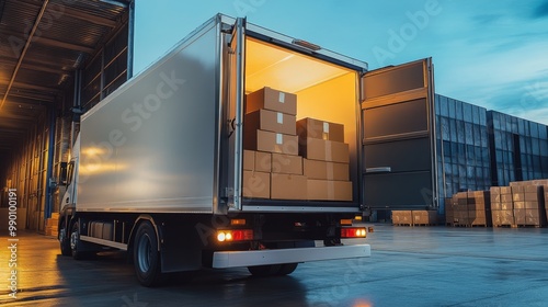 Large white truck its back door open loading Optimizing Delivery: Boxes Packed