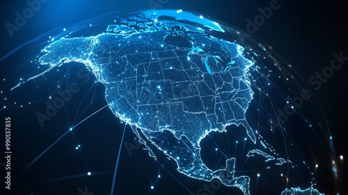 Digital map of North America, showcasing the interconnectedness of the continent through glowing lines and dots, representing communication, technology, and global connections.