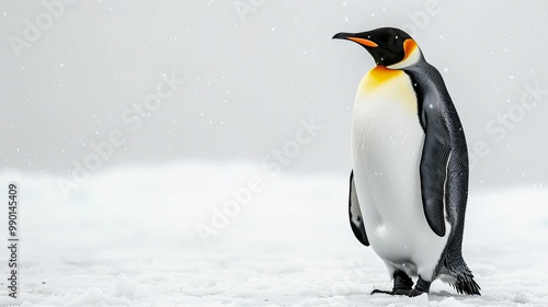 A King Penguin Standing in Snow During a Light Snowfall