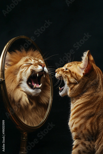 Confident Cat Looking in the Mirror Seeing a Lion. Motivational kitty feeling strong and believing in personal growth