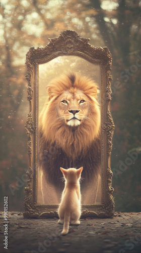 Confident Cat Looking in the Mirror Seeing a Lion. Motivational kitty feeling strong and believing in personal growth