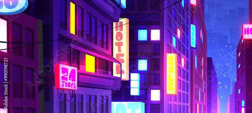 Modern city downtown at night. Vector cartoon illustration of skyscraper towers with neon hotel and shop signboards, yellow light in illuminated windows and balcony, futuristic metaverse cityscape