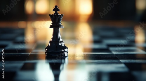 The unique king chess pieces are clearly focused on the reflective chessboard, dramatically illuminated by the spotlight, creating a tense and intense cinematic realism and high contrast atmosphere.