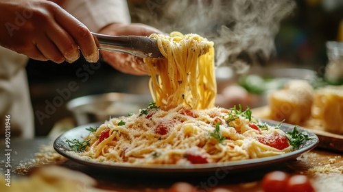 Delicious steaming pasta dish served with fresh herbs and cheese, perfect for a culinary celebration or a cozy dinner.