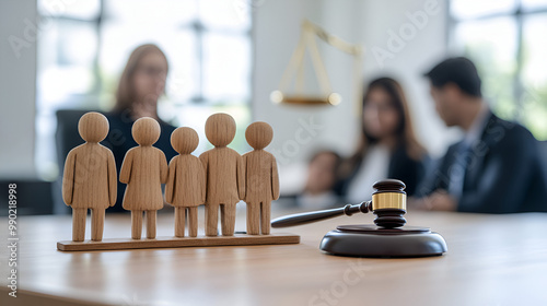 A family wooden figure and gavel on a judge's table in a courthouse during a court hearing. with a lawyer in the background. Family law concept divorce lawyer joint custody of child and alimony.