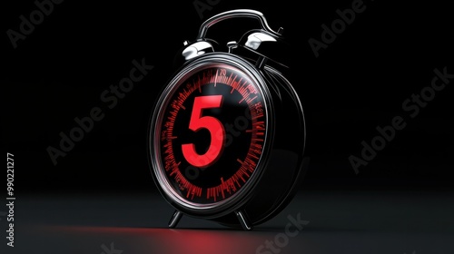 An isolated black background shows a countdown of 5 minutes in hours, minutes, and seconds