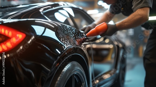 Close up of a auto body mechanic buffing a scratch on sports car