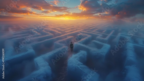 A man in a business suit is standing in a maze. Business concept of finding a solution, difficult task, choice of direction