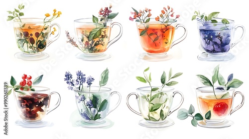 Watercolor Illustration of Eight Cups of Herbal Tea with Different Flowers and Herbs.