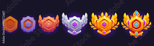 Game level badge or rank medal icons of victory rank shield for GUI interface, vector banners. Level up badges of wooden or gold metal shields with wings and jewels for arcade video game level reward