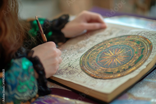 The astrologer carefully studies astrological charts and consults ancient books in a warm, inviting study, surrounded by shelves lined with texts on celestial navigation and astrology.