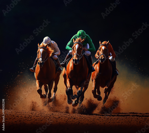 Three magnificent racehorses thunder down the track, jockeys pushing for victory as dust clouds swirl around them, capturing the intensity and excitement of a competitive horse race.