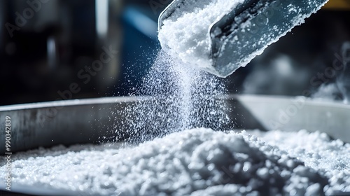 Close up View of Lithium Carbonate Powder Being Processed for Energy Materials Production