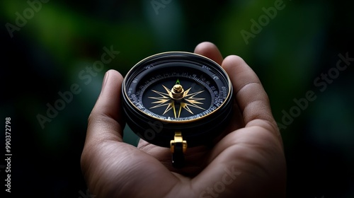 Compass in Hand: Finding Direction and Purpose: A close-up image of a hand holding a compass, with a blurred green background, symbolizing the journey of finding one's way and navigating life's challe