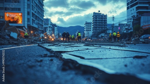 Rescue teams navigate cracked roads and debris after a devastating earthquake in a city